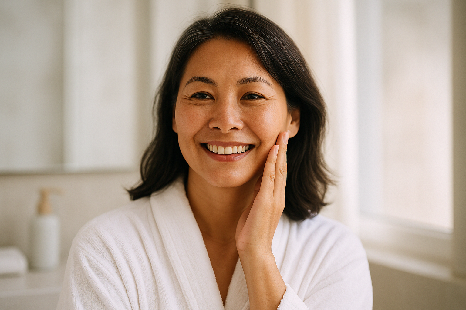 Woman in her 40s gently touching her cheek in a softly lit bathroom, inspecting skin with a pleased expression