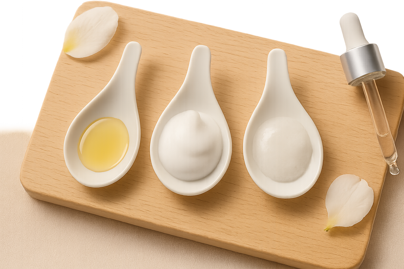Close-up overhead of three cleanser textures on porcelain spoons—oil, foam, and gel—styled with botanical accents