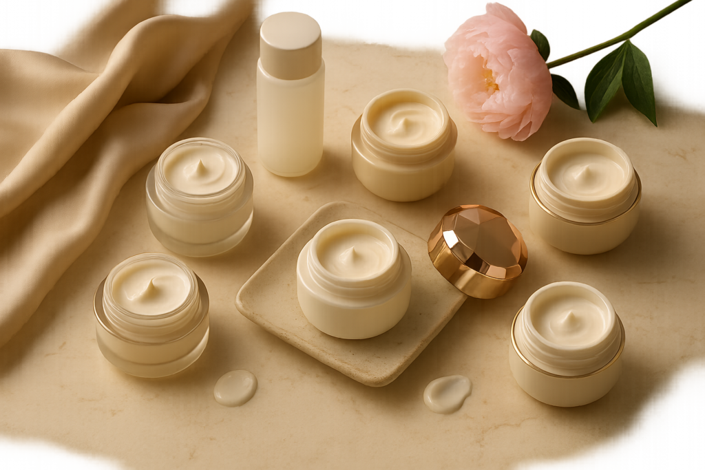 Elegant flatlay of five unbranded luxury cream jars and hydrating lotion with silk and Japanese ceramics, warm morning light