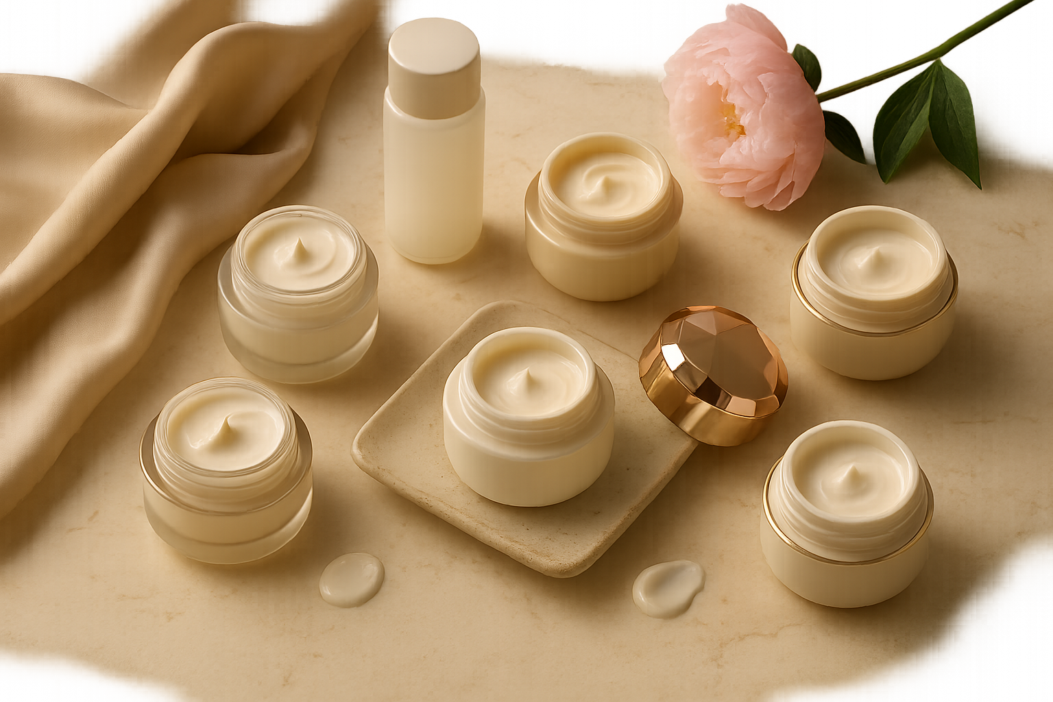 Elegant flatlay of five unbranded luxury cream jars and hydrating lotion with silk and Japanese ceramics, warm morning light