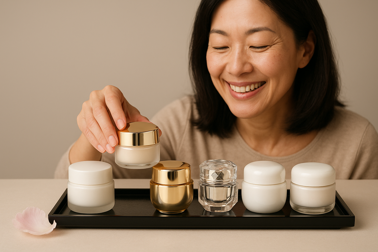 Row of five elegant, unlabeled cream jars on lacquer tray with a woman’s hand reaching in to select one