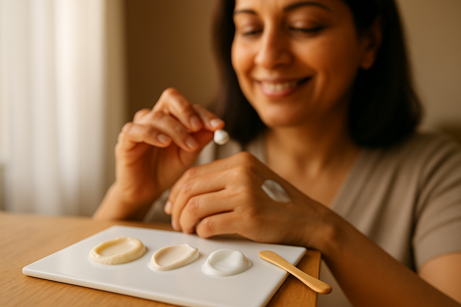 Close-up of three cream textures and a small wooden spatula beside a smiling woman testing a dot on her wrist