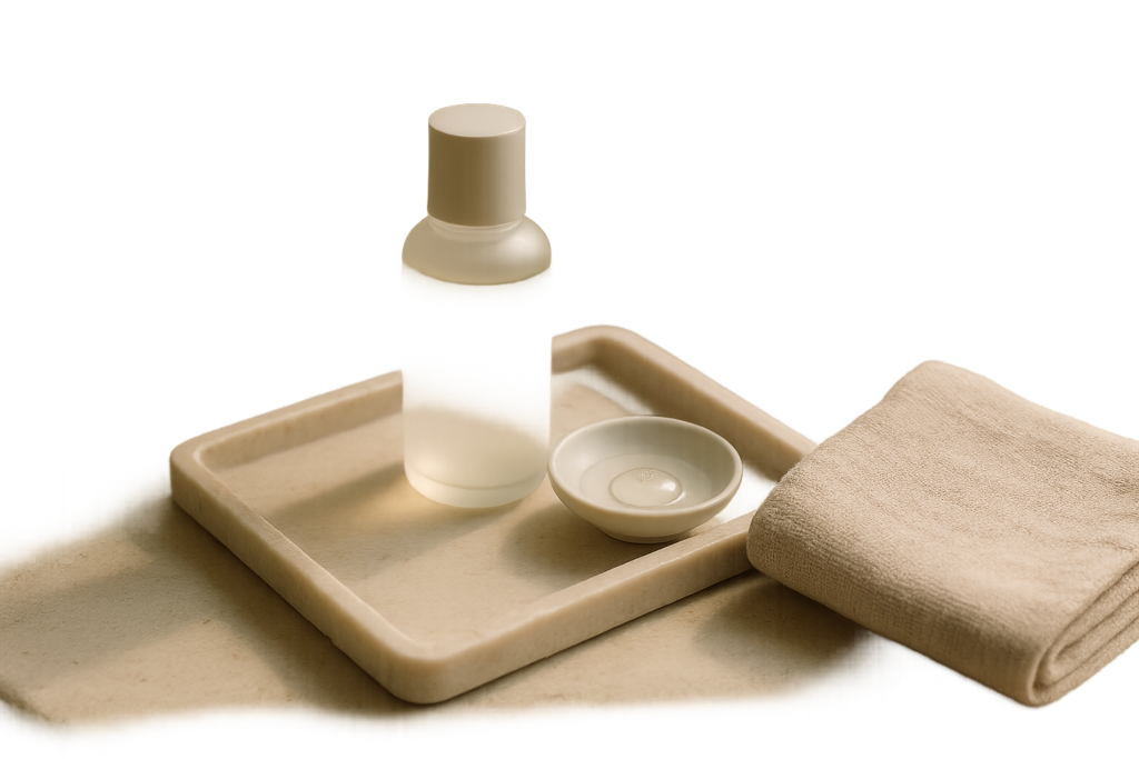 Elegant still-life of Japanese skincare serums on a marble tray with soft morning light, emphasizing gentle luxury and sensitive-skin focus