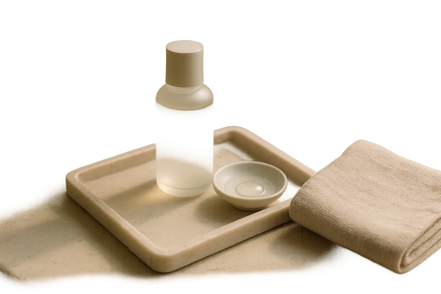 Elegant still-life of Japanese skincare serums on a marble tray with soft morning light, emphasizing gentle luxury and sensitive-skin focus