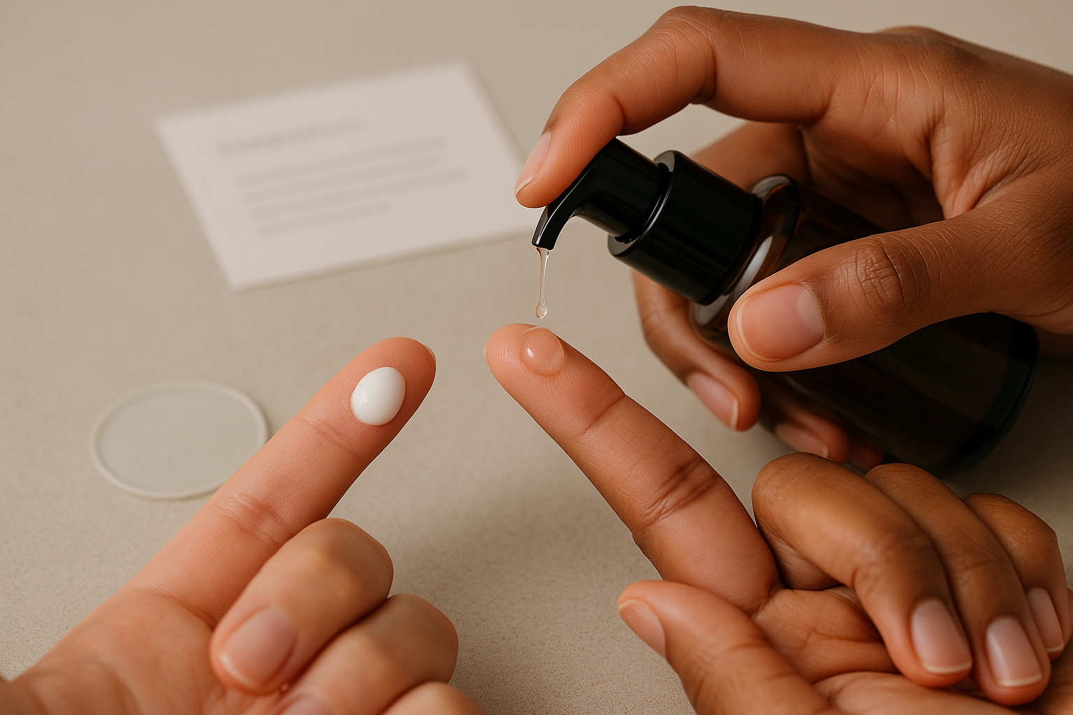 Close-up of two hands comparing serum textures: one dispensing a clear gel, the other holding a lightweight white emulsion, showing patch-testing and texture differences