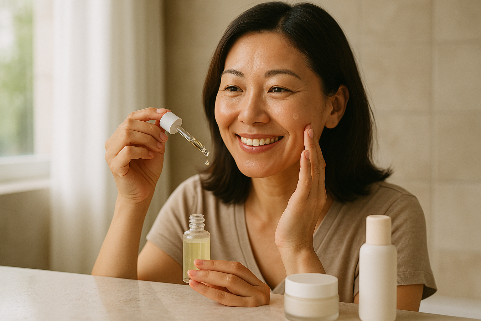 Woman in her 40s smiling and applying serum to her face in a bright bathroom, showing morning routine layering with moisturizer and sunscreen visible nearby