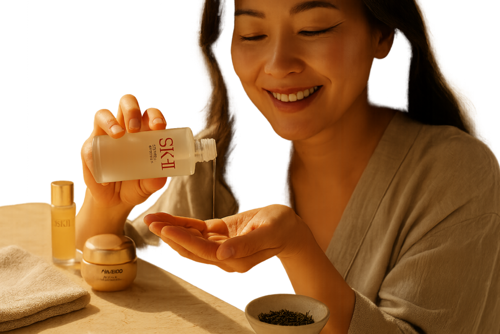 Luxury Japanese skincare routine still life featuring SK-II Facial Treatment Essence on a marble tray with a gently smiling woman’s hand pouring essence into her palm