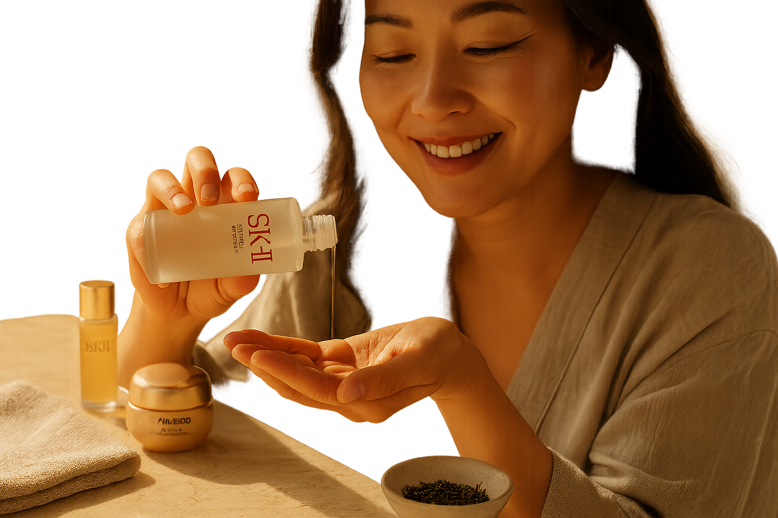 Luxury Japanese skincare routine still life featuring SK-II Facial Treatment Essence on a marble tray with a gently smiling woman’s hand pouring essence into her palm