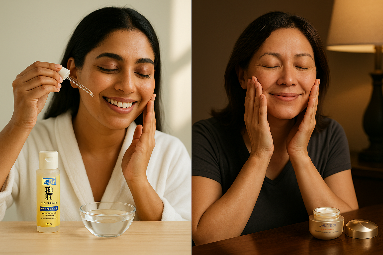 Morning and evening Japanese skincare layout with products and a woman applying cream