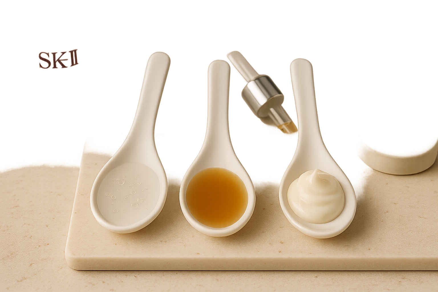 Close-up textures showing watery essence, a viscous serum, and a rich cream with corresponding product containers
