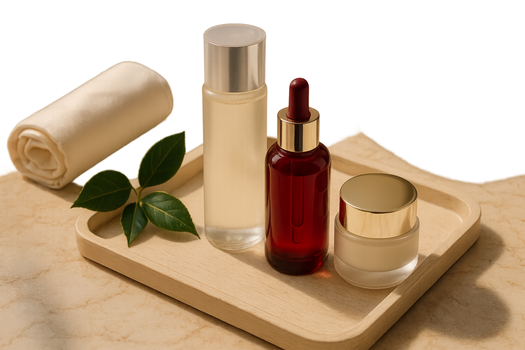 Still life of a refined Japanese skincare ritual showing a cream-coloured tray with a deep-crimson glass serum bottle, a clear hyaluronic lotion bottle, a gold-capped oil bottle, a small glass jar of essence, a folded silk towel and a porcelain cup of green tea on marble in soft morning light