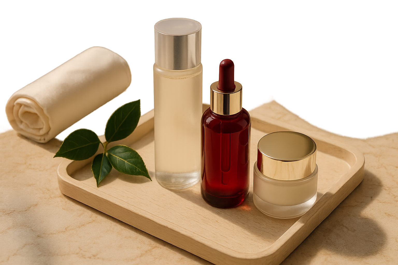 Still life of a refined Japanese skincare ritual showing a cream-coloured tray with a deep-crimson glass serum bottle, a clear hyaluronic lotion bottle, a gold-capped oil bottle, a small glass jar of essence, a folded silk towel and a porcelain cup of green tea on marble in soft morning light