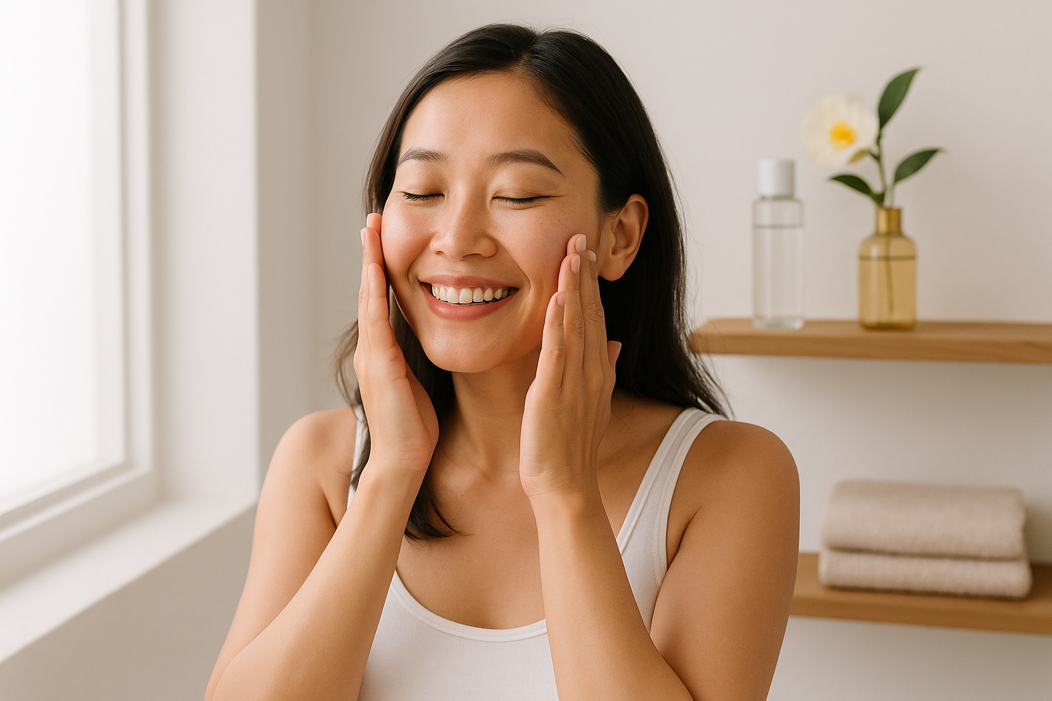Woman applying lightweight serum to her cheeks in a bright, minimalist bathroom as part of a morning J-beauty routine