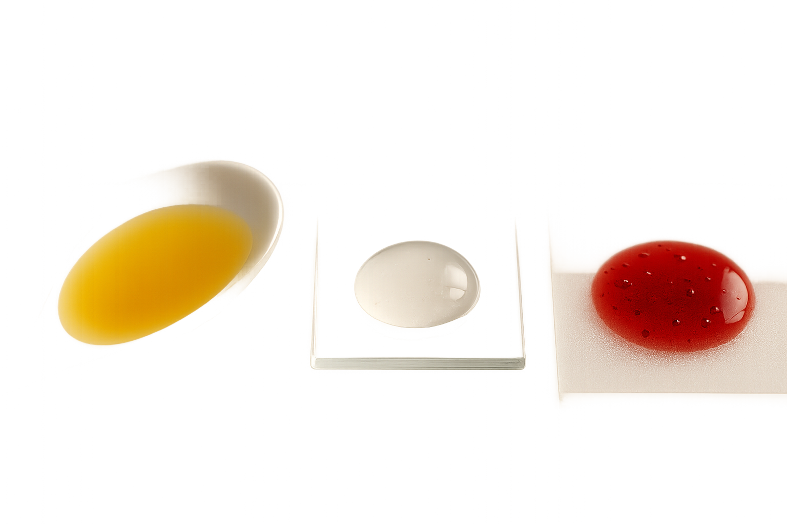 Close-up comparison of textures: creamy oil cleanser on a porcelain spoon, a droplet of clear hyaluronic lotion, and a few beads of a lightweight serum on glass