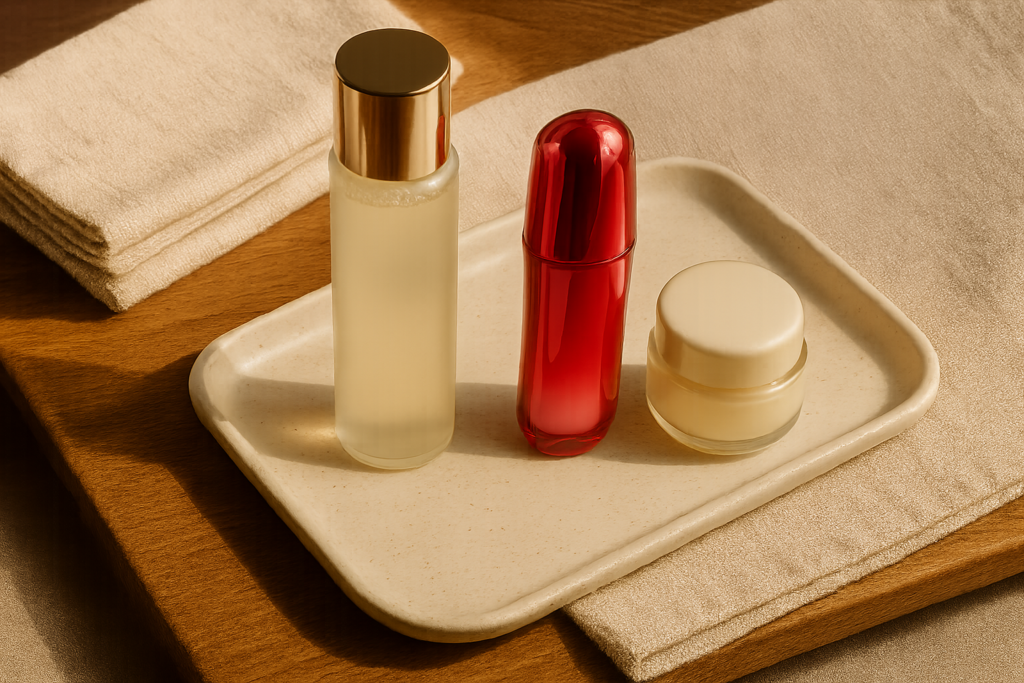 Elegant flat-lay of Japanese skincare ritual: hydrating lotion, serum, soft linen and ceramic tray in warm morning light