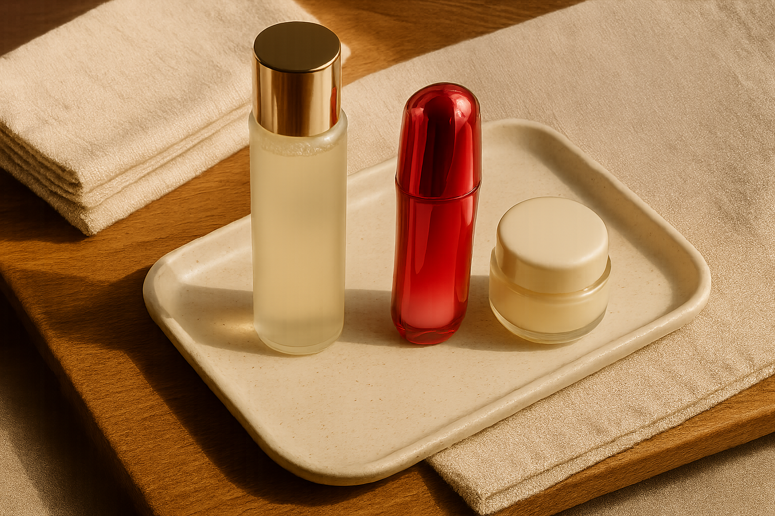 Elegant flat-lay of Japanese skincare ritual: hydrating lotion, serum, soft linen and ceramic tray in warm morning light