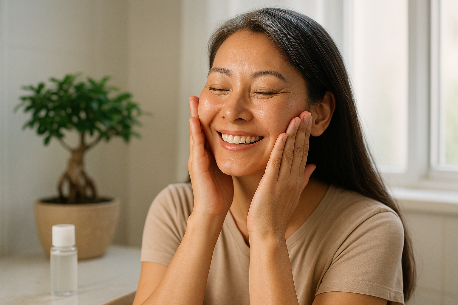 Woman patting hydrating lotion into her face by a bathroom window, gentle smile