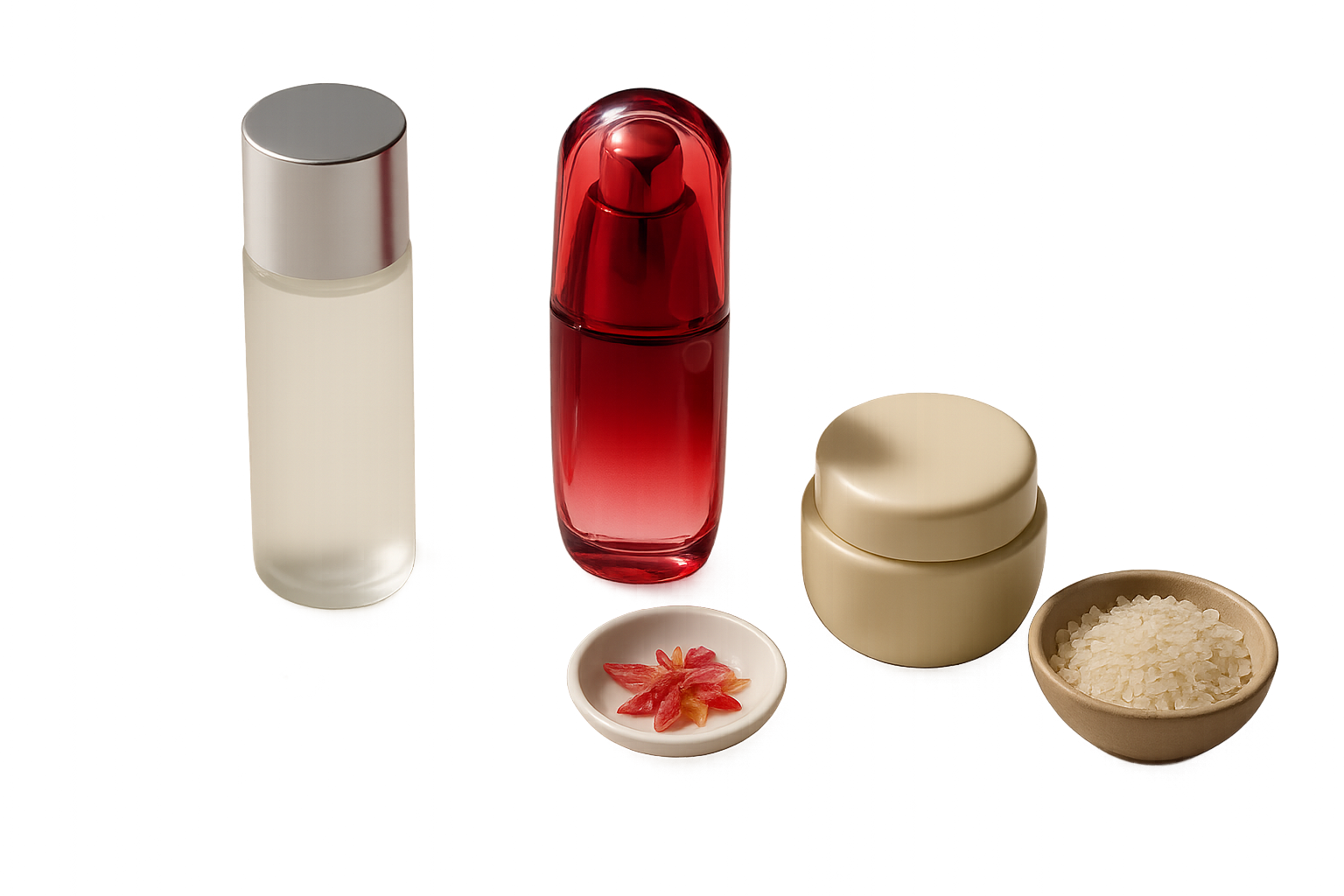 Comparison tableau of three barrier-focused products on marble with differentiated props