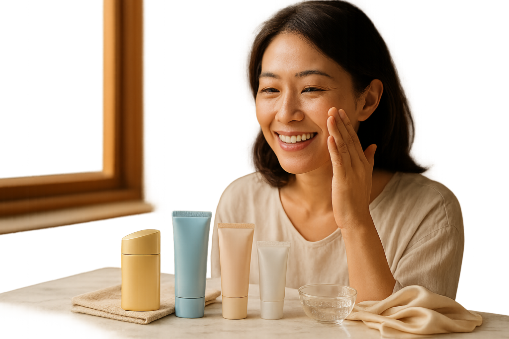 Woman applying Japanese sunscreen in soft morning light with Anessa, Biore, Hada Labo and Skin Aqua products arranged elegantly on marble