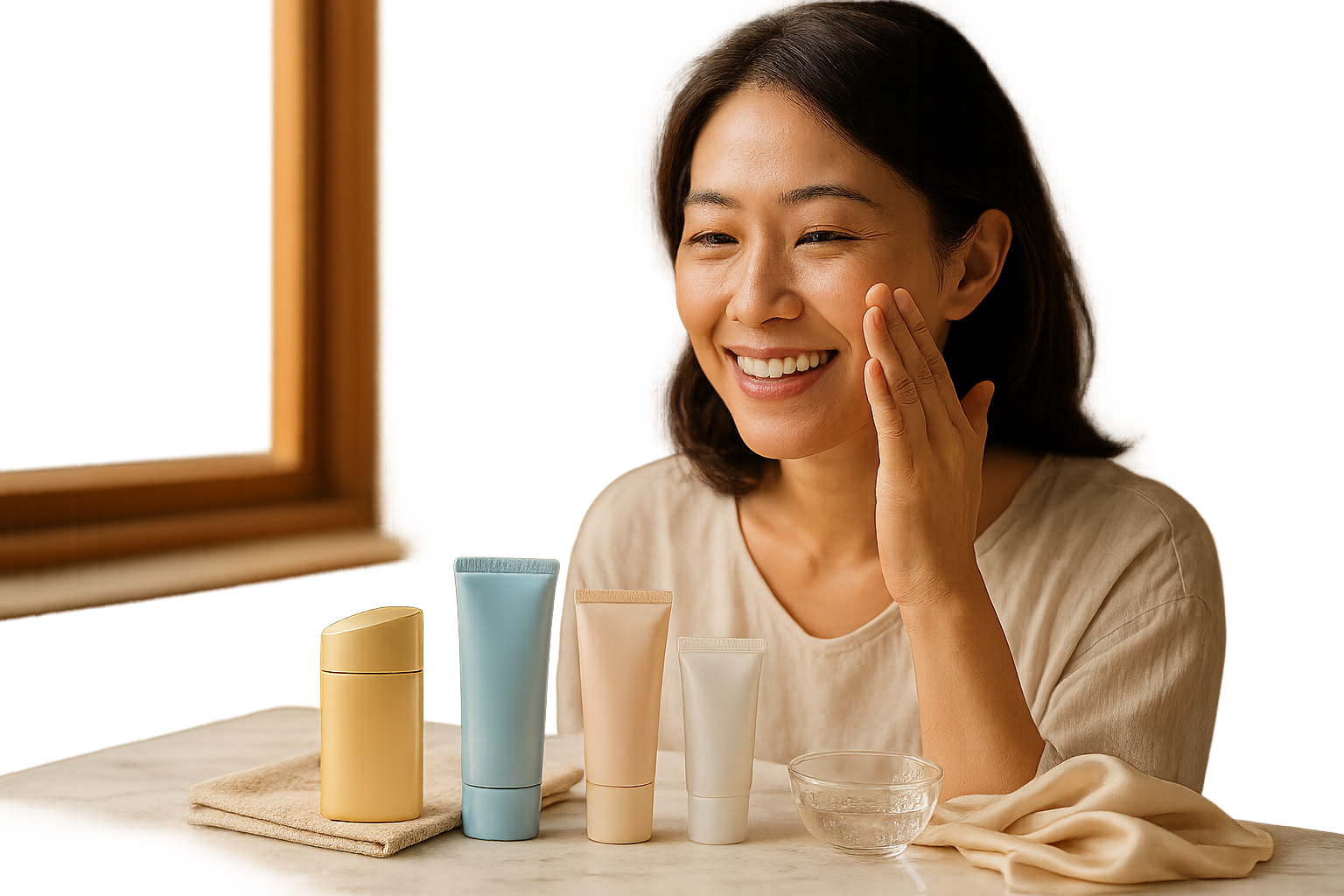 Woman applying Japanese sunscreen in soft morning light with Anessa, Biore, Hada Labo and Skin Aqua products arranged elegantly on marble