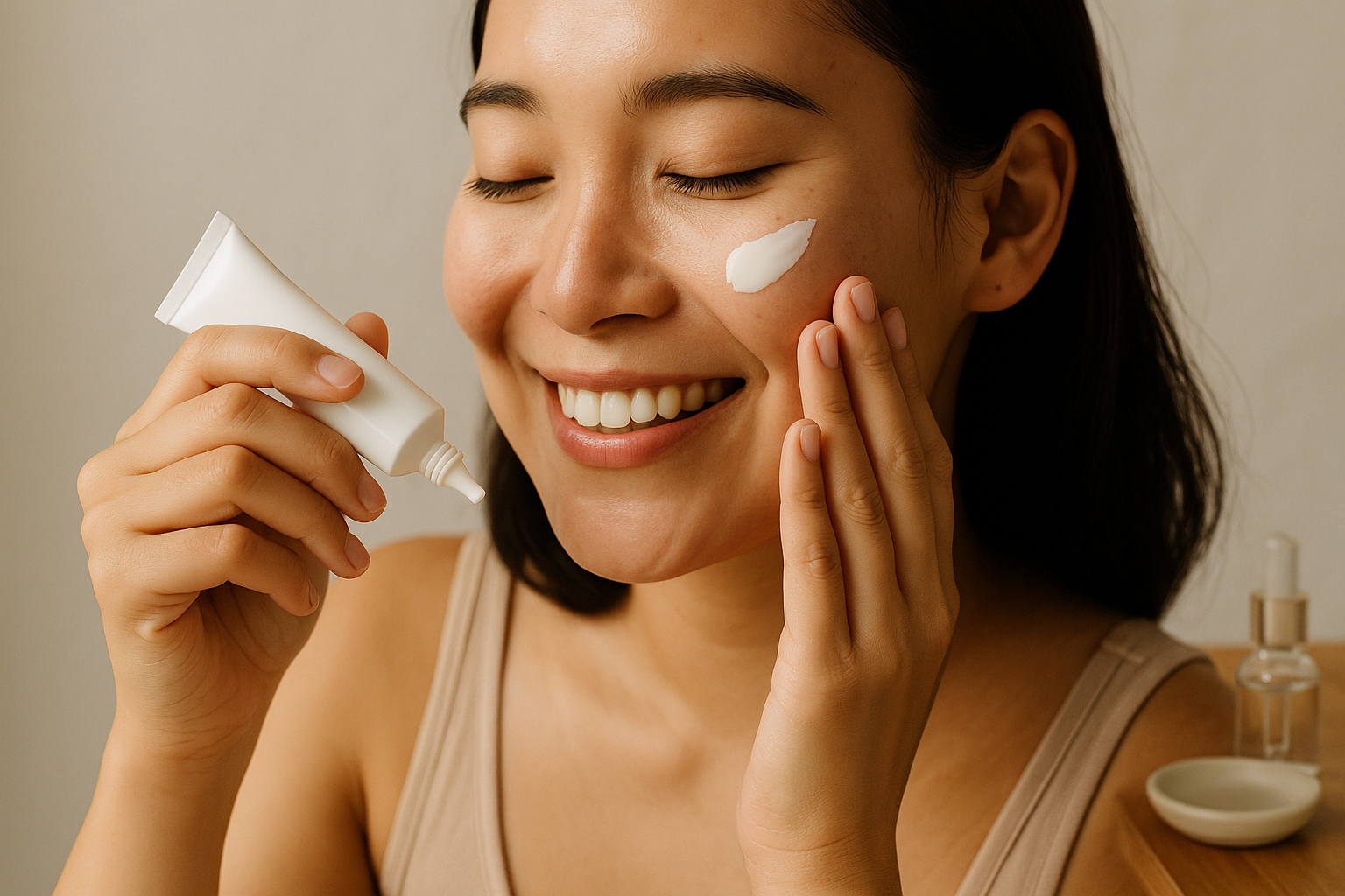 Close-up of different sunscreen textures on fingertips and a wrist: watery essence, milky lotion, creamy gel