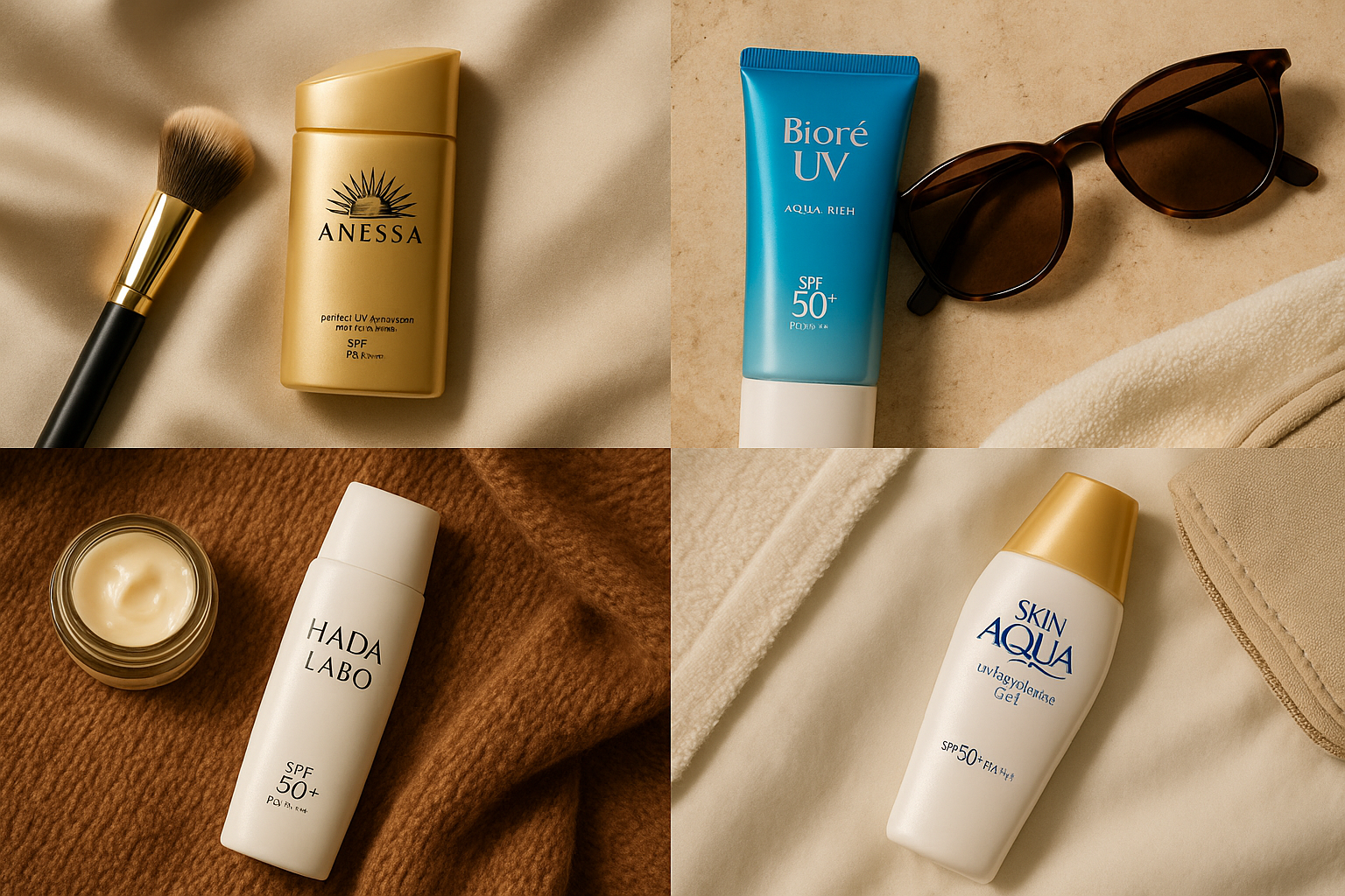 Four sunscreens arranged with props that suggest who each suits: makeup brush, silk scarf, hiking sunglasses, and a travel pouch