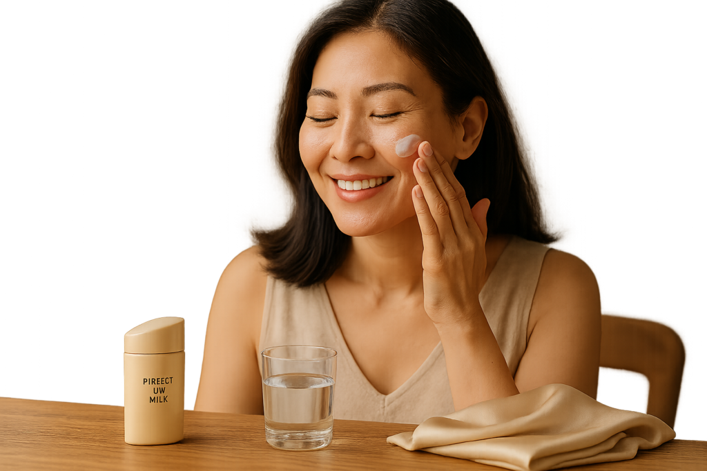 Luxury editorial scene: Japanese sunscreen on vanity with a woman in her 40s applying milky sunscreen to her cheek