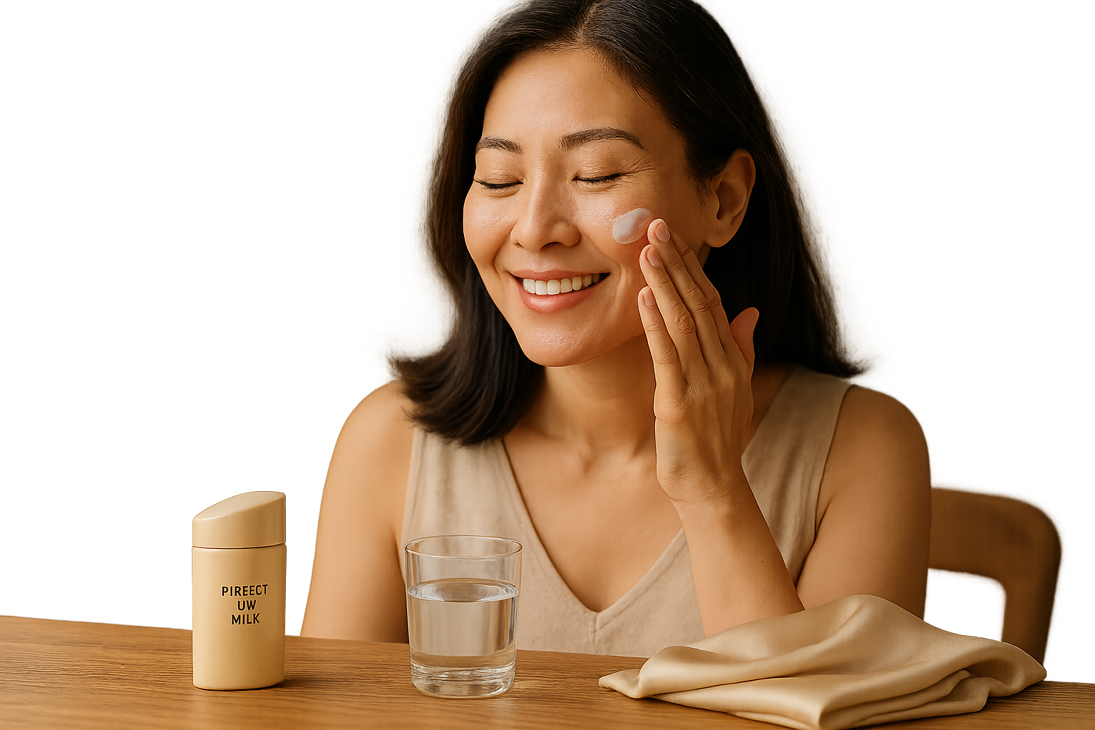 Luxury editorial scene: Japanese sunscreen on vanity with a woman in her 40s applying milky sunscreen to her cheek