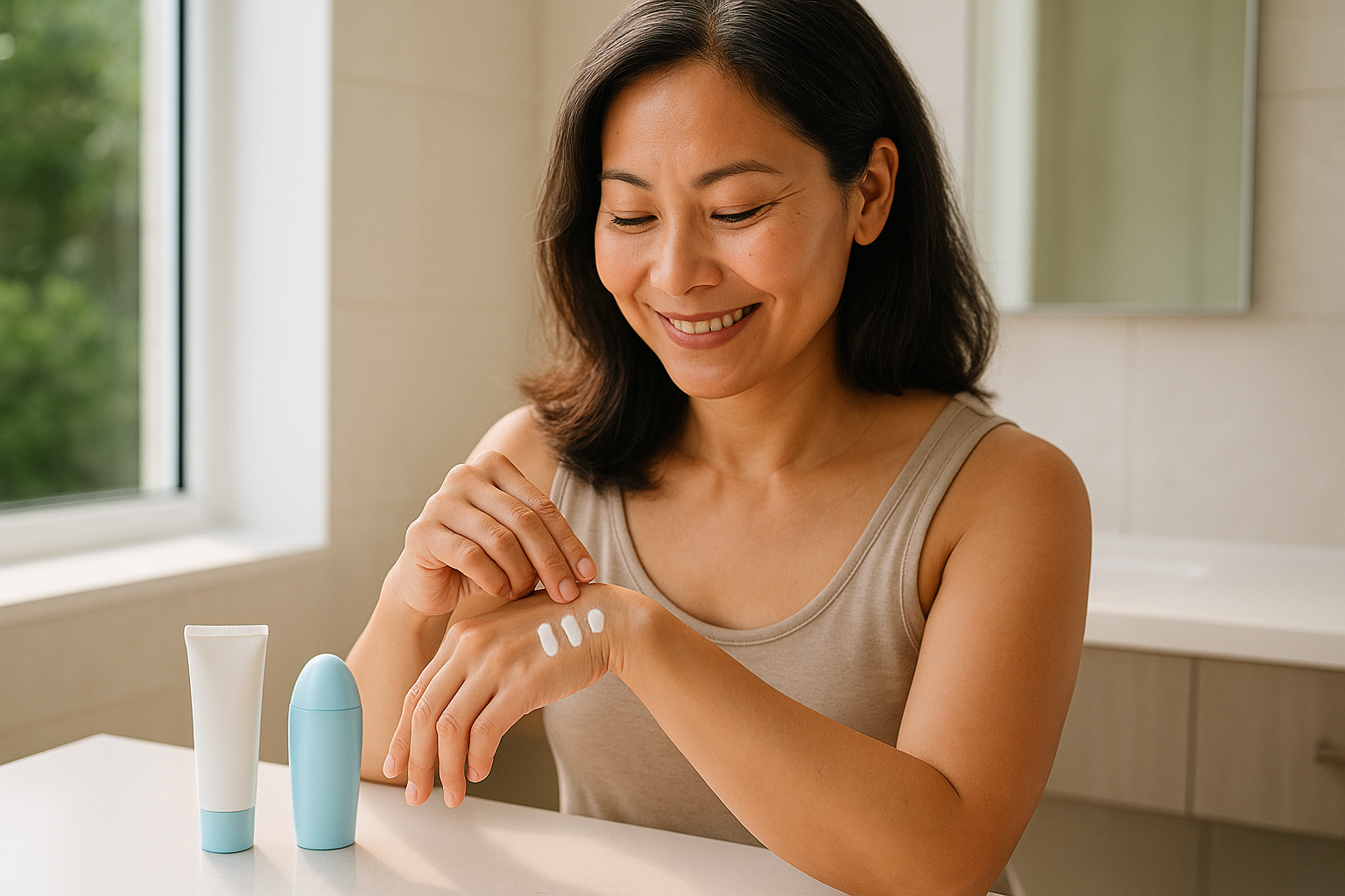 One woman comparing sunscreen samples on her wrist at a vanity, checking finish and absorption