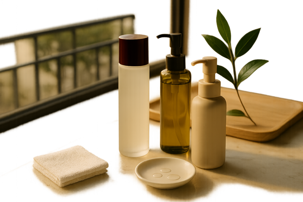 Still life of premium Japanese skincare arranged for a luxury J‑Beauty routine: clear watery essence bottle, textured glass jar, small ceramic dish with droplets, soft morning light