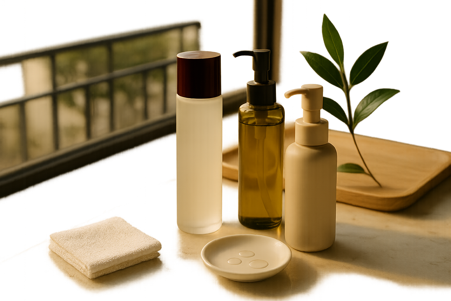 Still life of premium Japanese skincare arranged for a luxury J‑Beauty routine: clear watery essence bottle, textured glass jar, small ceramic dish with droplets, soft morning light