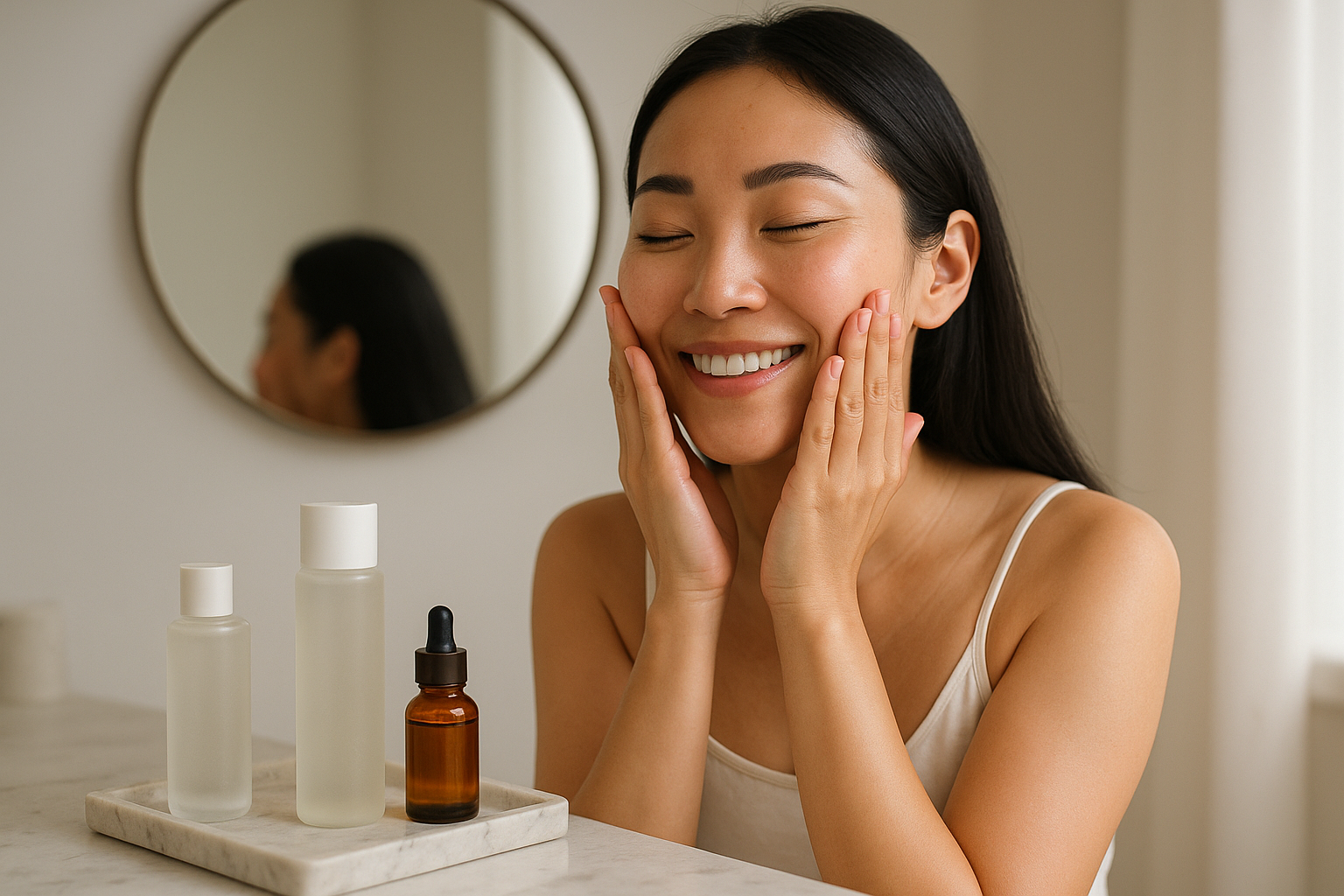 Woman pressing a hydrating Japanese lotion into skin during a step‑by‑step routine, with unlabeled bottles on vanity