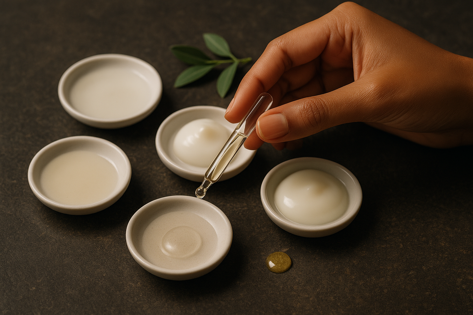 Close-up comparison of five different unlabeled textures in porcelain dishes to help choose the right essence formula