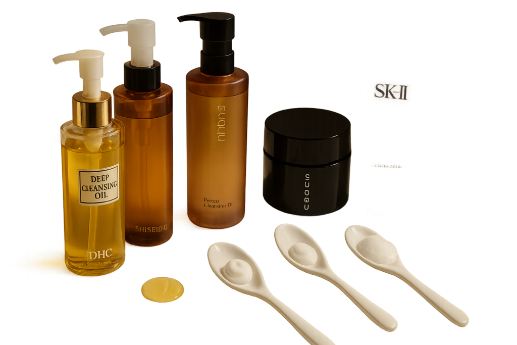 Five luxury Japanese cleanser bottles and textures on white marble with soft morning light, highlighting barrier-friendly cleansing