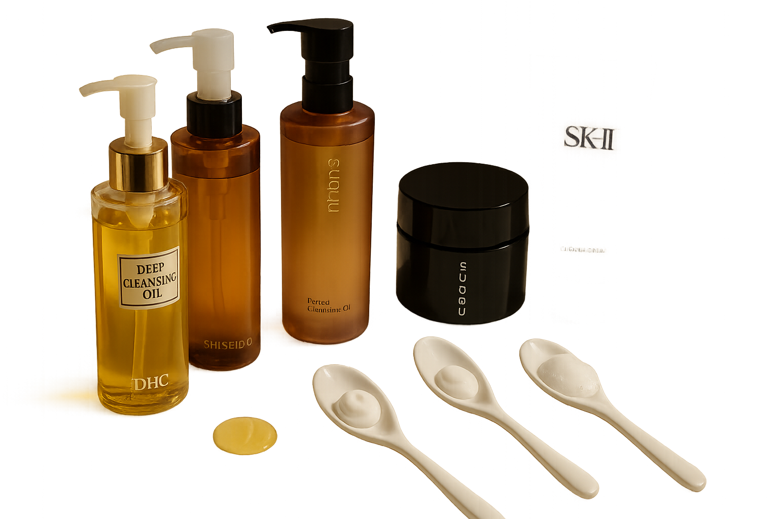 Five luxury Japanese cleanser bottles and textures on white marble with soft morning light, highlighting barrier-friendly cleansing