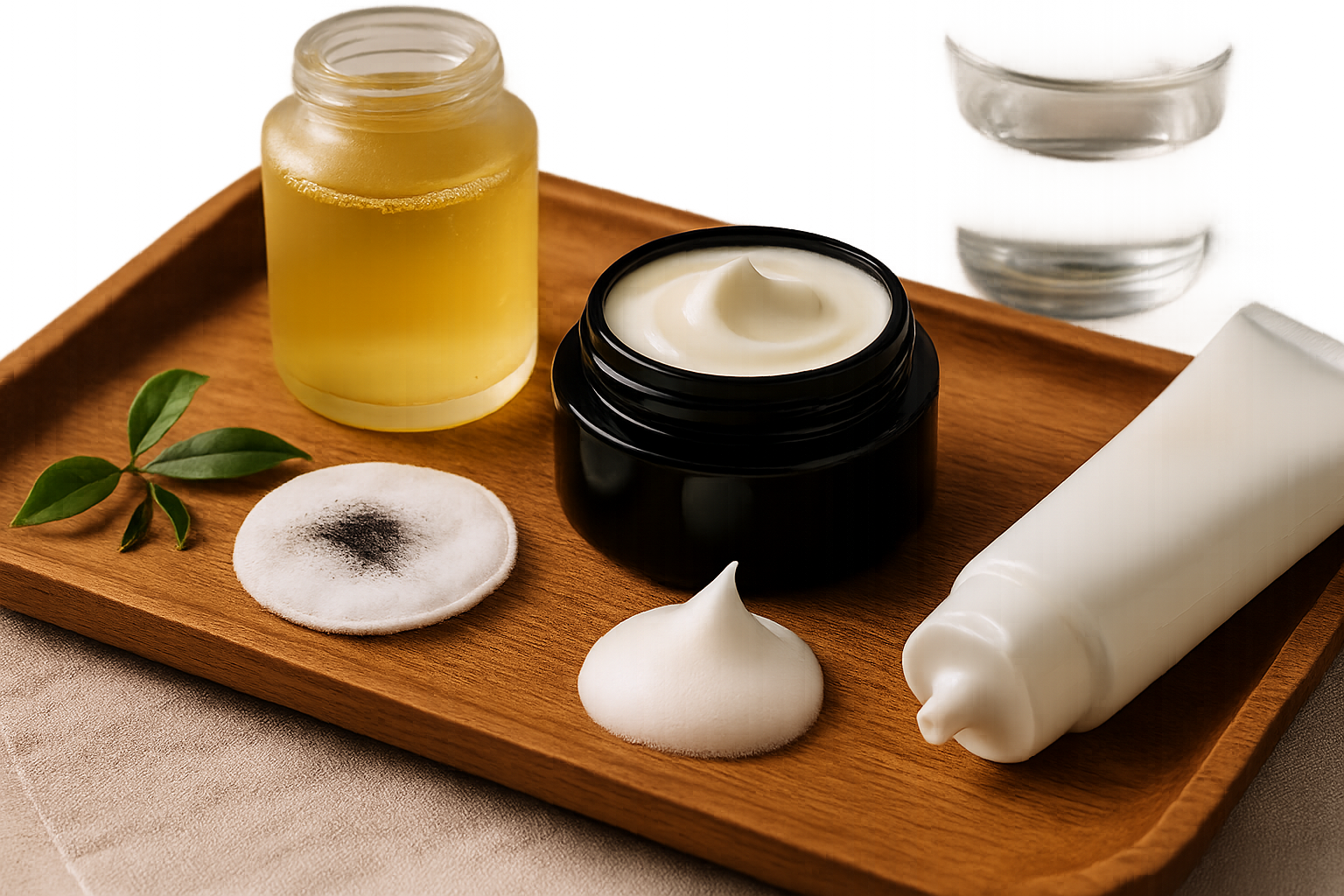 Close-up lineup of three cleansing textures—oil, cream, foam—next to open product jars on a wooden tray