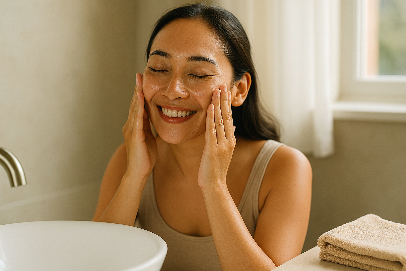 Woman gently massaging cleansing oil into her dry face over a ceramic sink, warm towel nearby