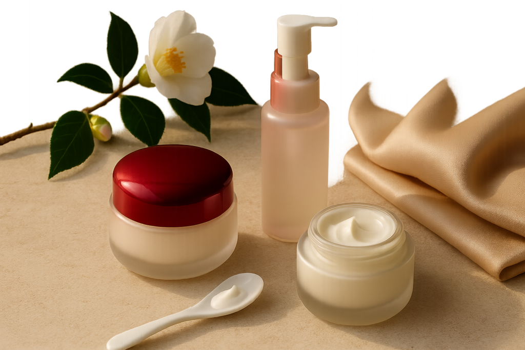 Close-up editorial still life of luxury cream textures and an elegant unlabeled jar suggesting a premium Japanese emulsion