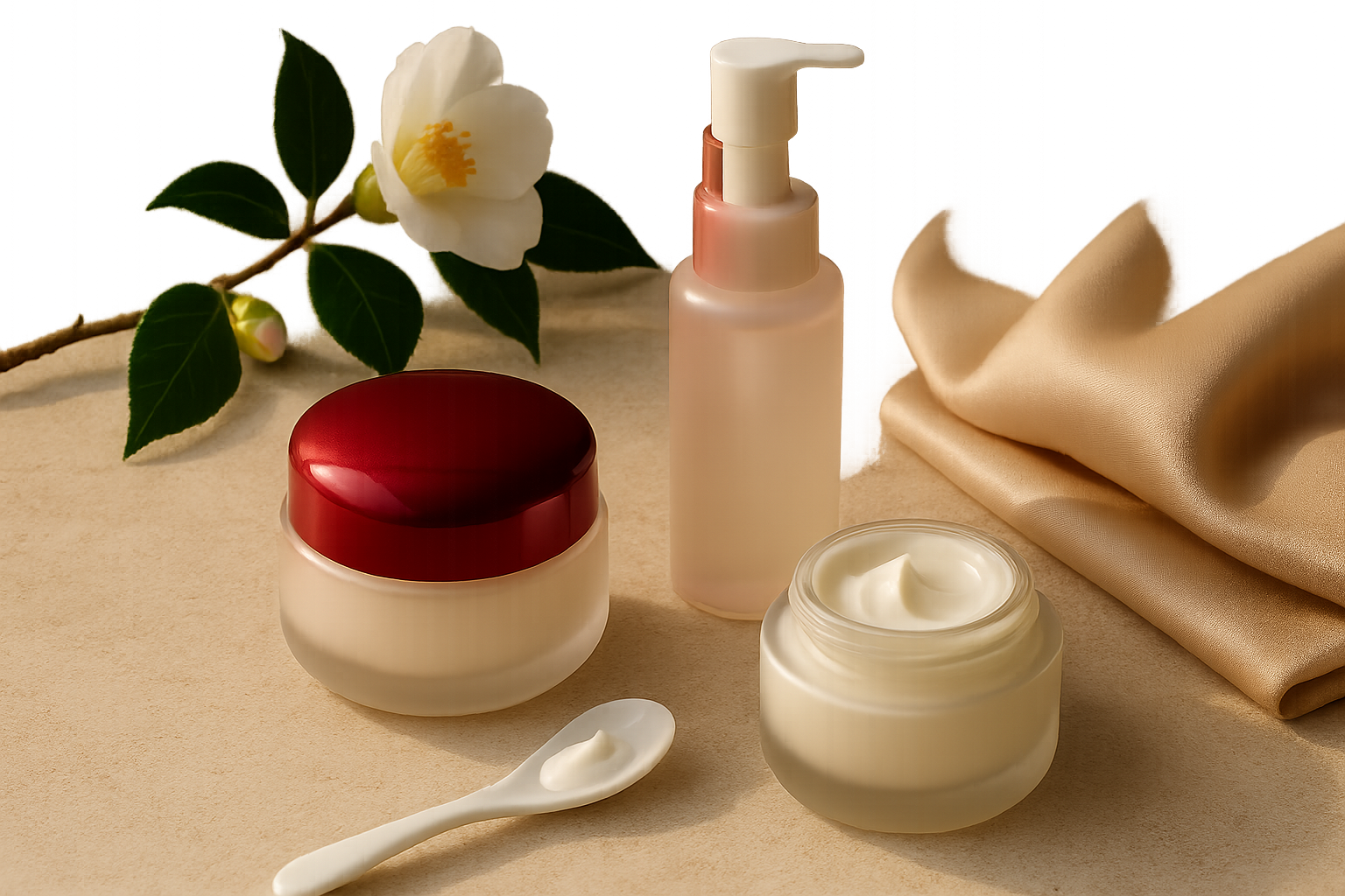 Close-up editorial still life of luxury cream textures and an elegant unlabeled jar suggesting a premium Japanese emulsion