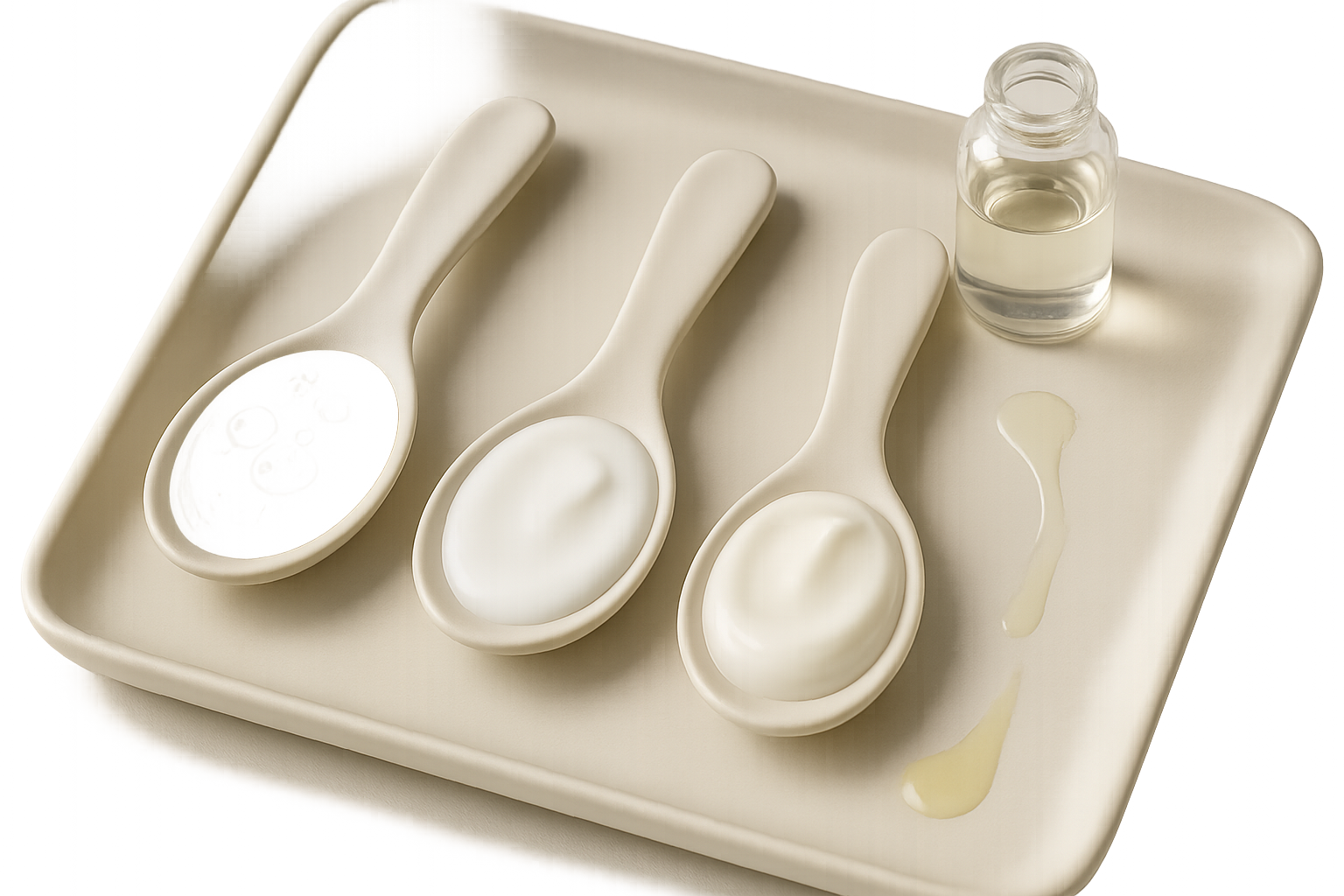 Macro images of cream textures and humectant droplets on white ceramic spoons