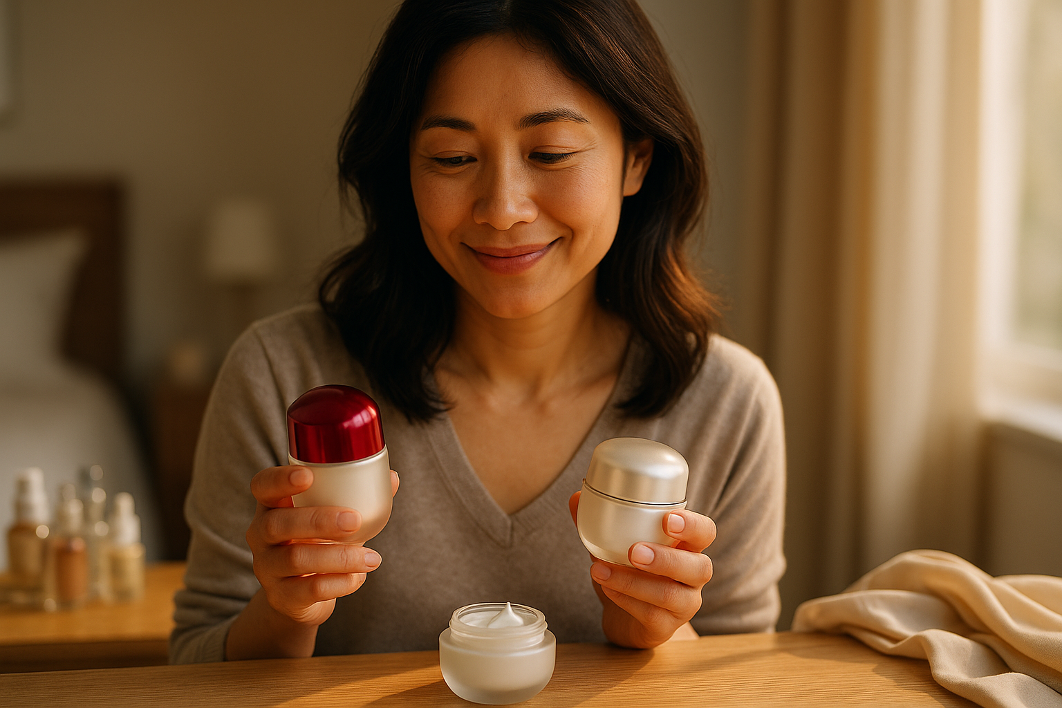 A woman comparing two unlabeled premium cream jars at a vanity, smiling naturally