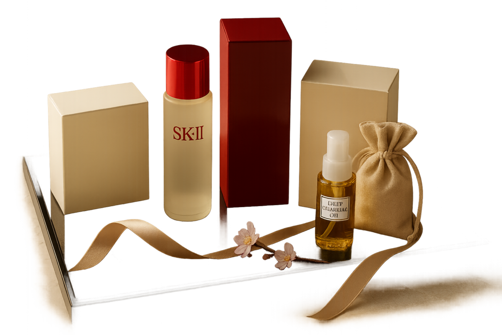 Elegant still life of four luxury Japanese skincare gift boxes on a lacquer tray with soft morning light