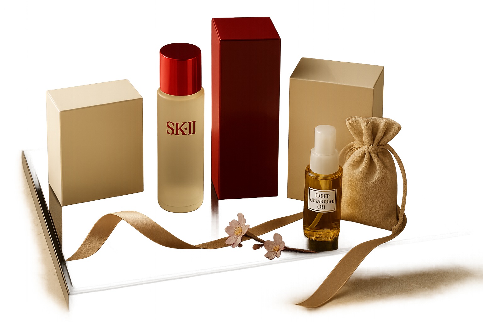 Elegant still life of four luxury Japanese skincare gift boxes on a lacquer tray with soft morning light