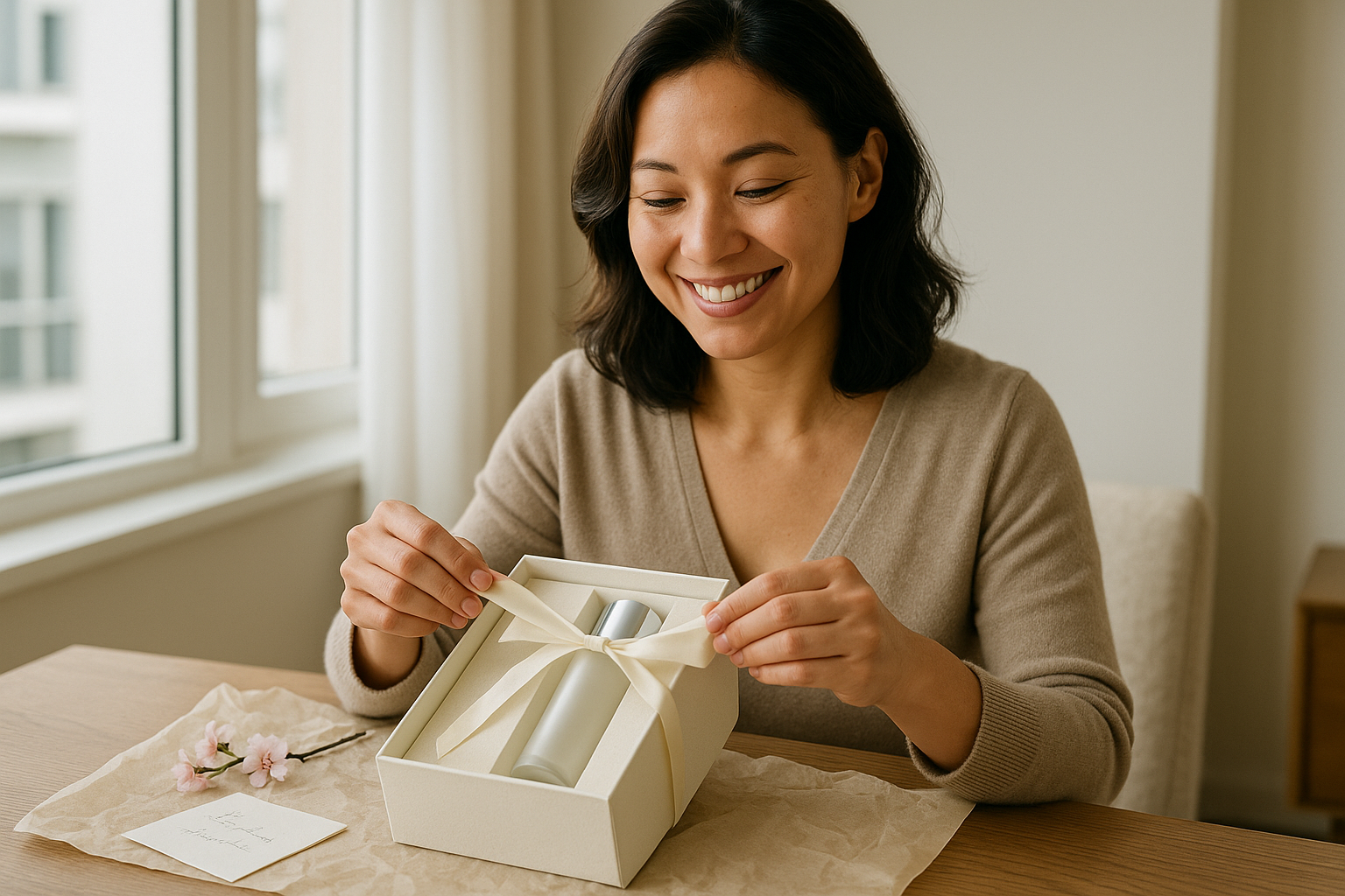 One woman smiling while preparing a gift box with a Japanese skincare kit by a bright window