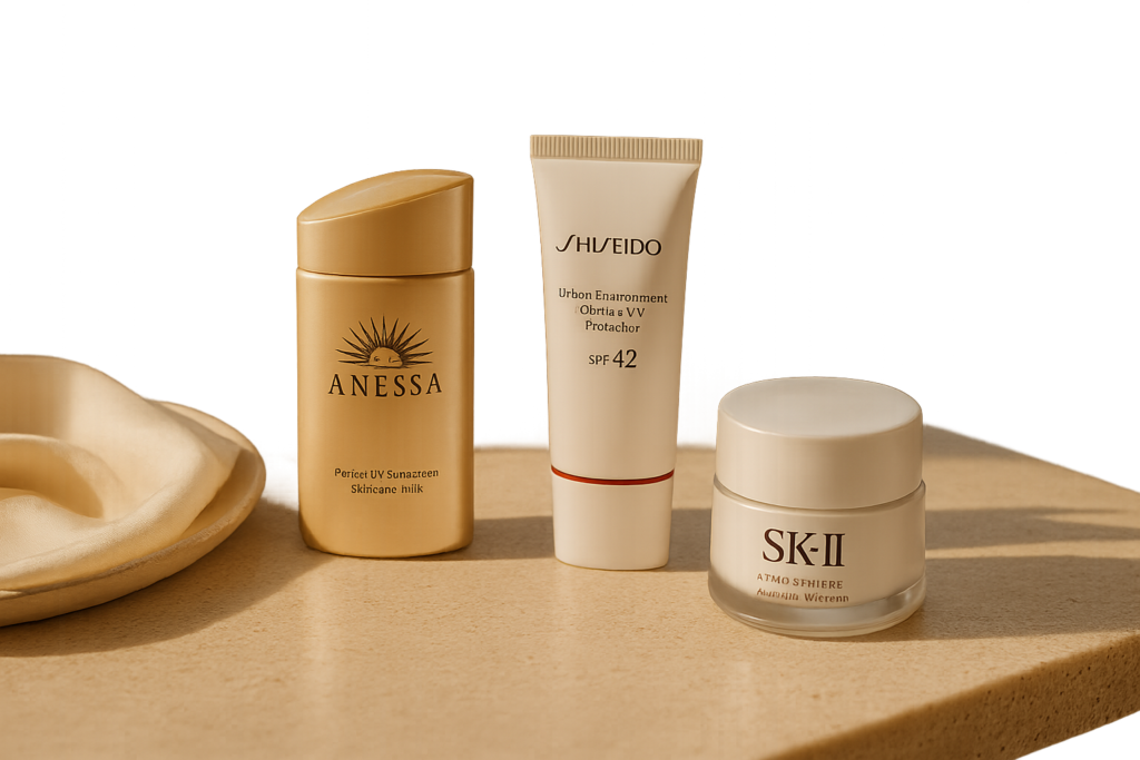 Three luxury Japanese SPF products (Anessa bottle, Shiseido tube, SK‑II cream jar) arranged on matte stone with soft morning sunlight and a subtle Japanese garden backdrop