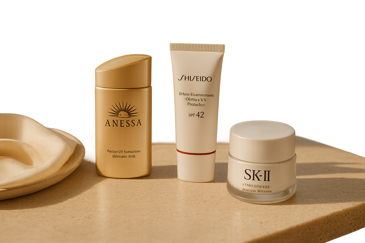 Three luxury Japanese SPF products (Anessa bottle, Shiseido tube, SK‑II cream jar) arranged on matte stone with soft morning sunlight and a subtle Japanese garden backdrop