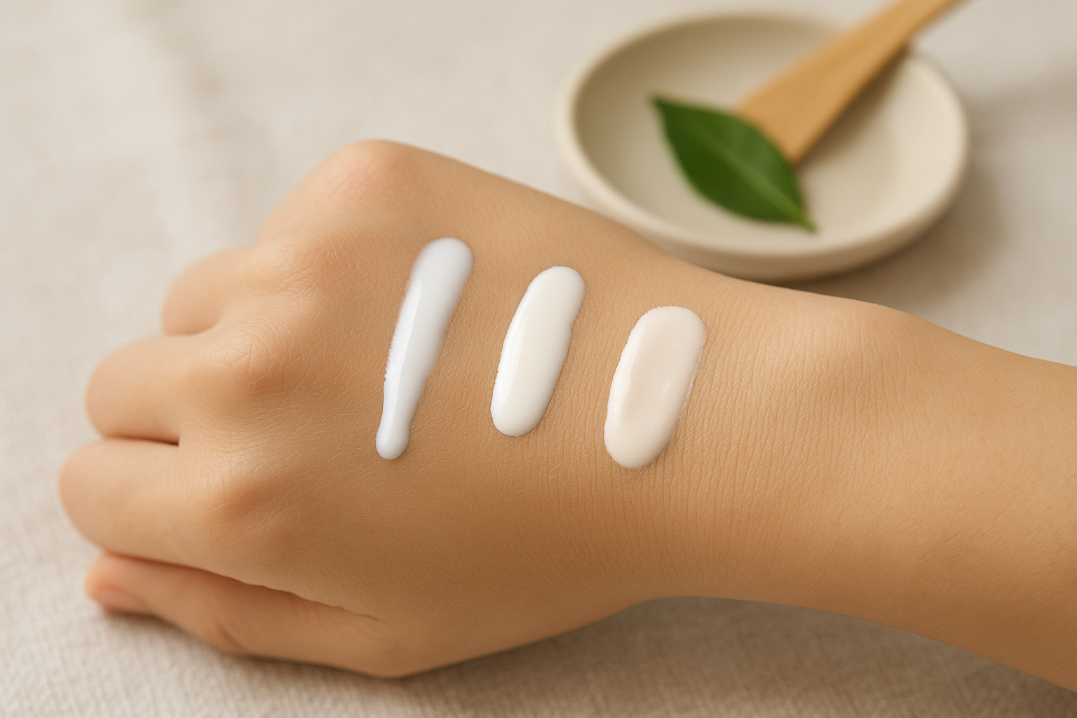 Close-up textures: small swatches of a lightweight milk, a gel-cream and an airy cream on the back of a hand with natural daylight