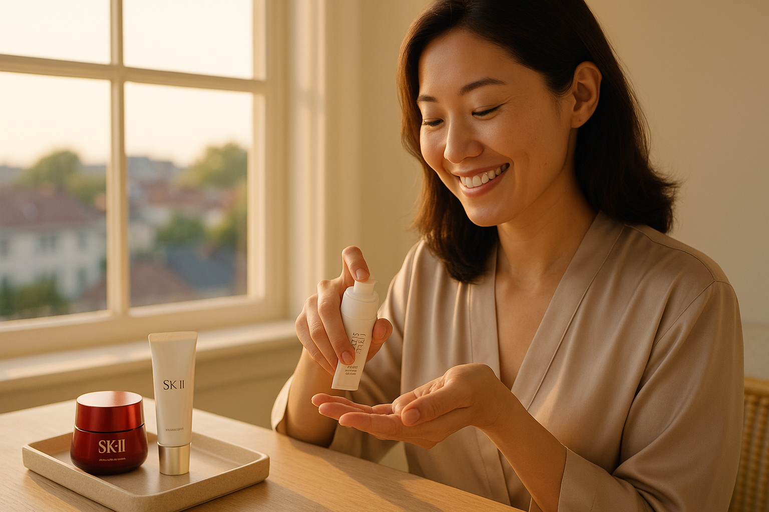 A smiling woman in her late 30s applying sunscreen at a sunlit vanity with skincare and a small bottle of Anessa visible