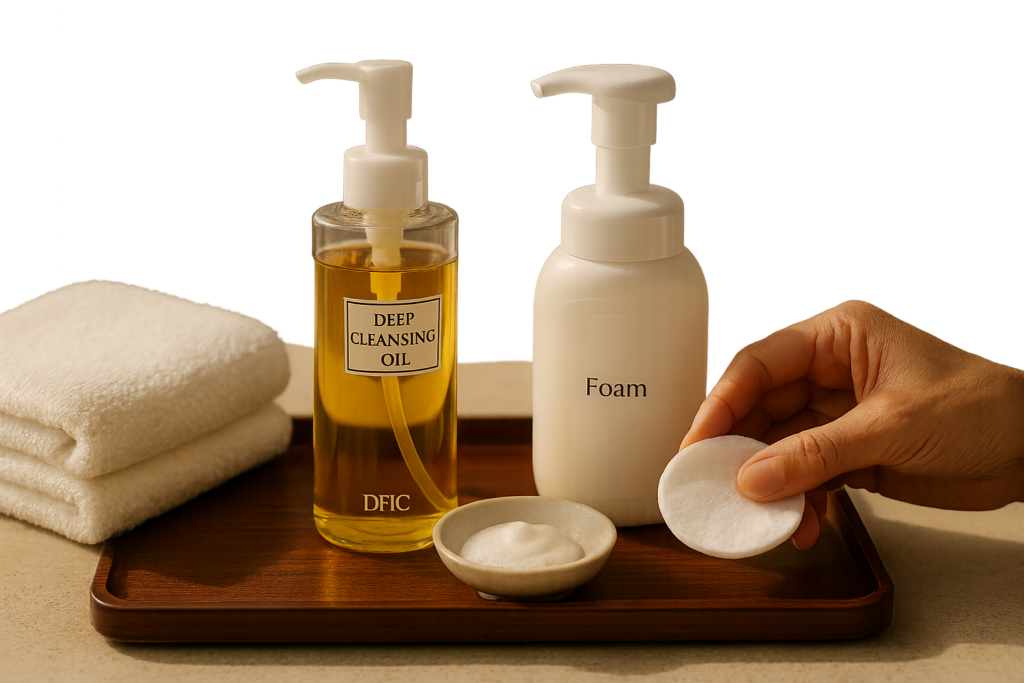 Still-life editorial of Japanese oil and foam cleansers with soft textures reflecting mature-skin routine