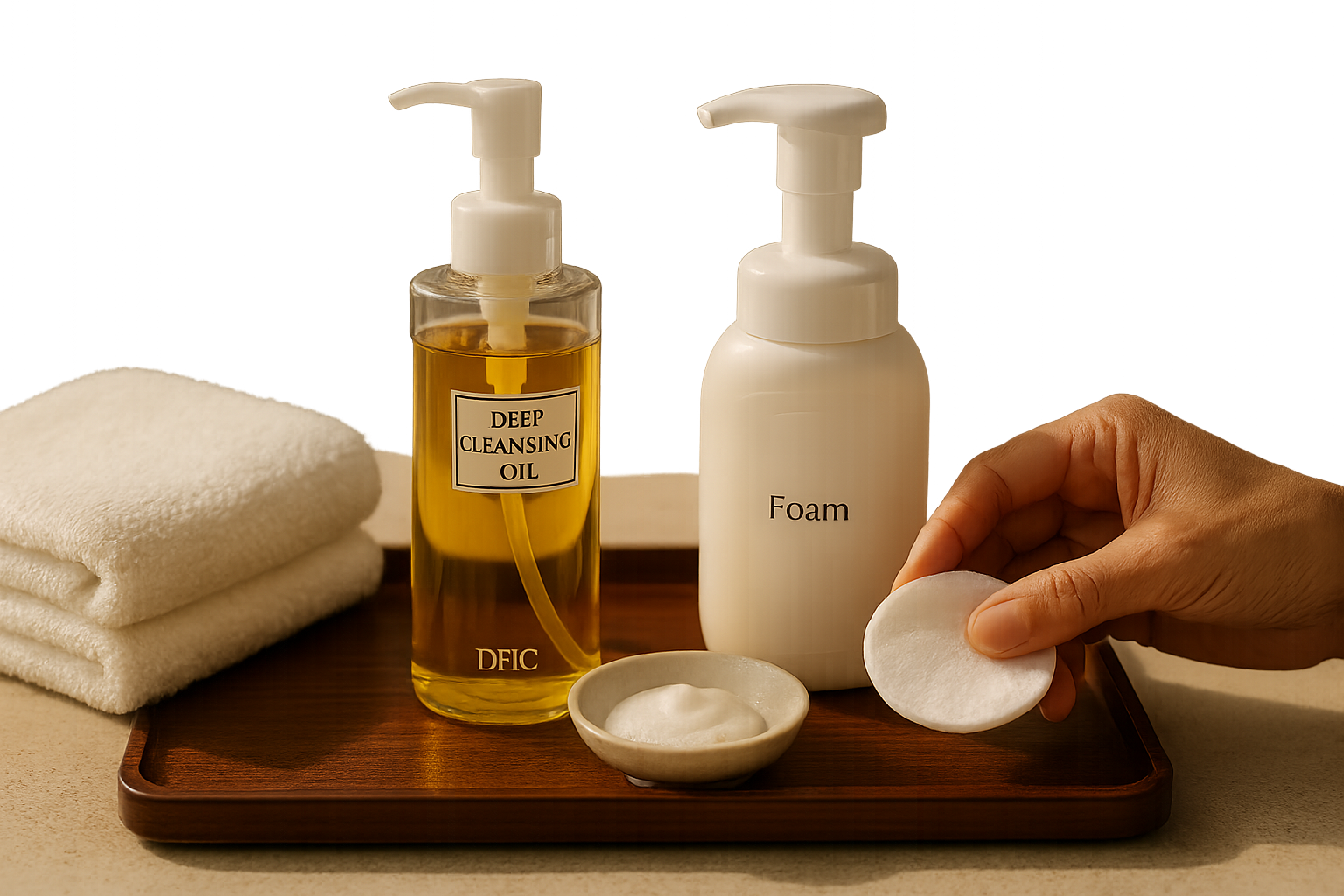 Still-life editorial of Japanese oil and foam cleansers with soft textures reflecting mature-skin routine